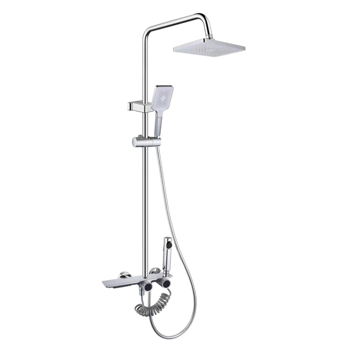 Quadratisches Regenduschset aus hellem Chrom mit zwei Knöpfen